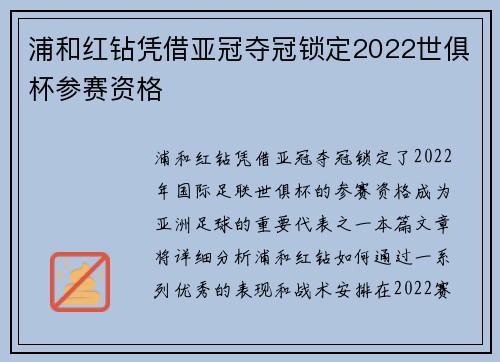 浦和红钻凭借亚冠夺冠锁定2022世俱杯参赛资格